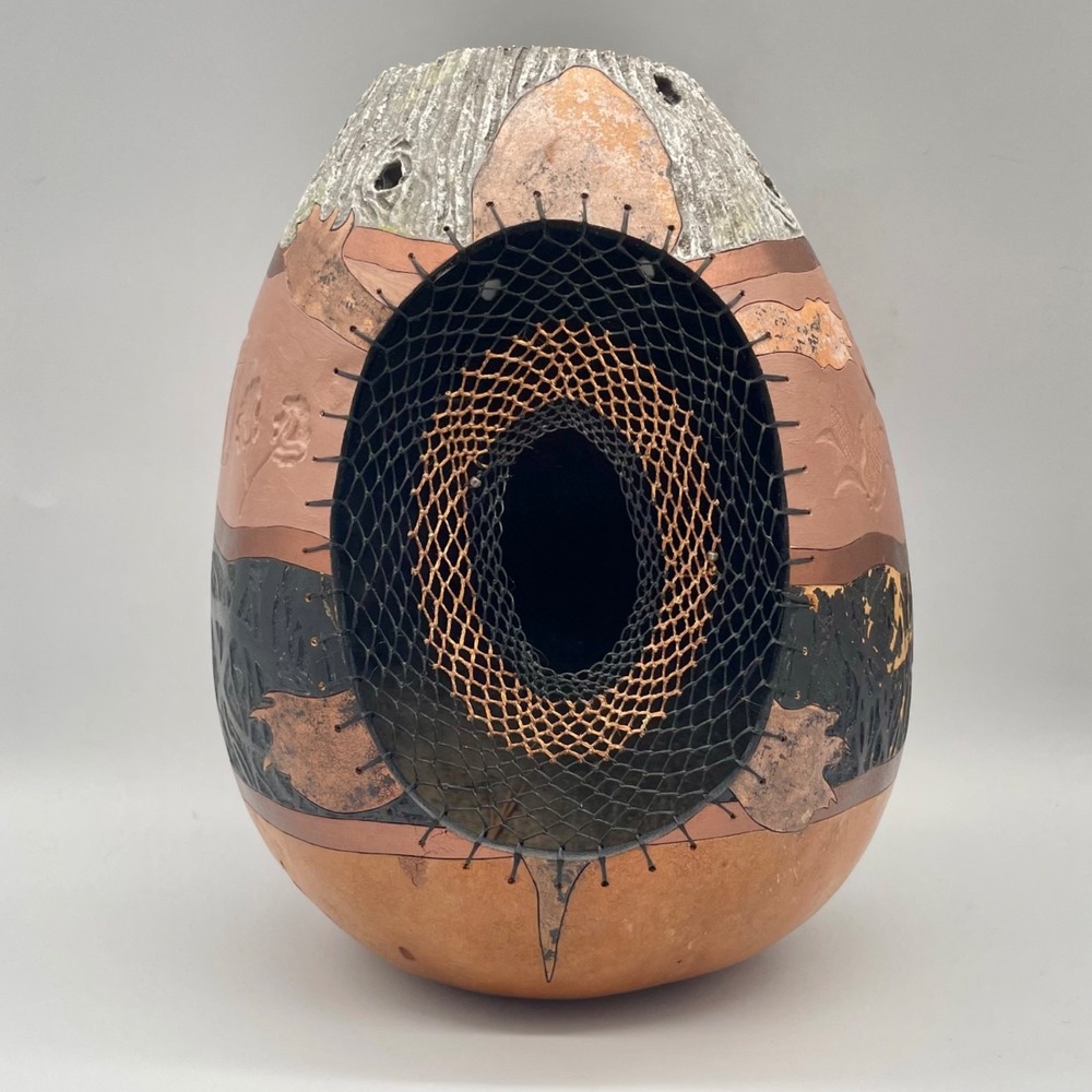 Ruthie Arnold Hand Carved Gourd Art Mixed Media Native American Symbols Earth